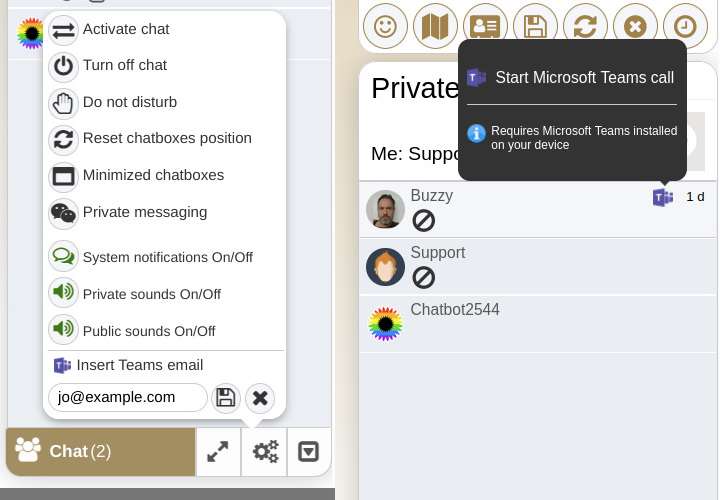 As Skype is no more, our chat system now supports Microsoft Teams. To use, just enter and save your Microsoft Teams email address in the chat options field. Then it's just a single click on Microsoft Teams icon to open Teams and start a video call etc!